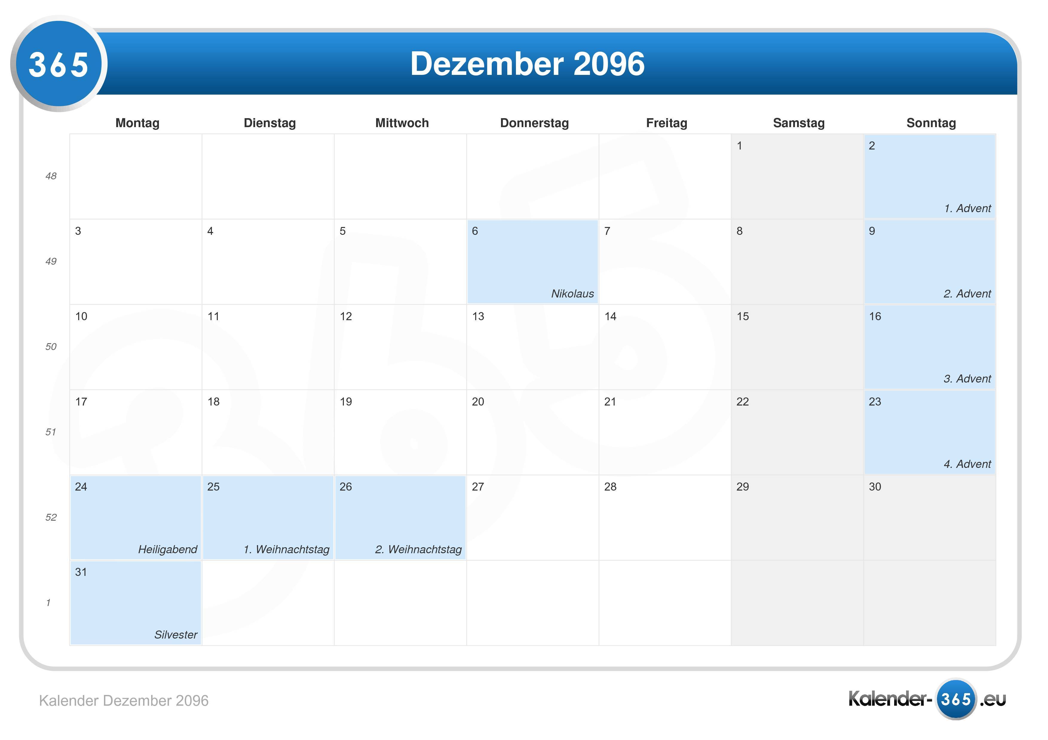 Kalender Dezember 2096