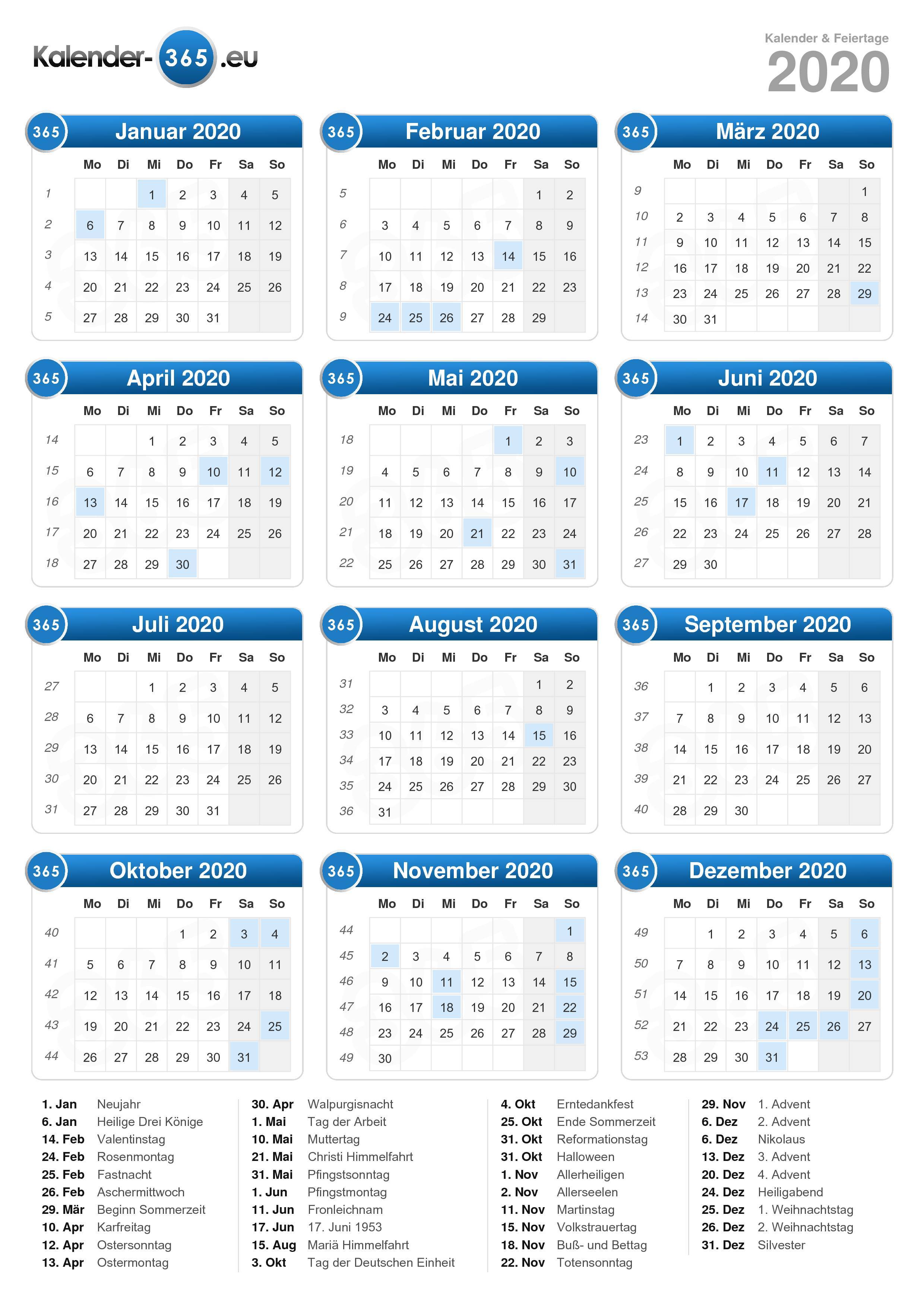 Wochen kalender 2020