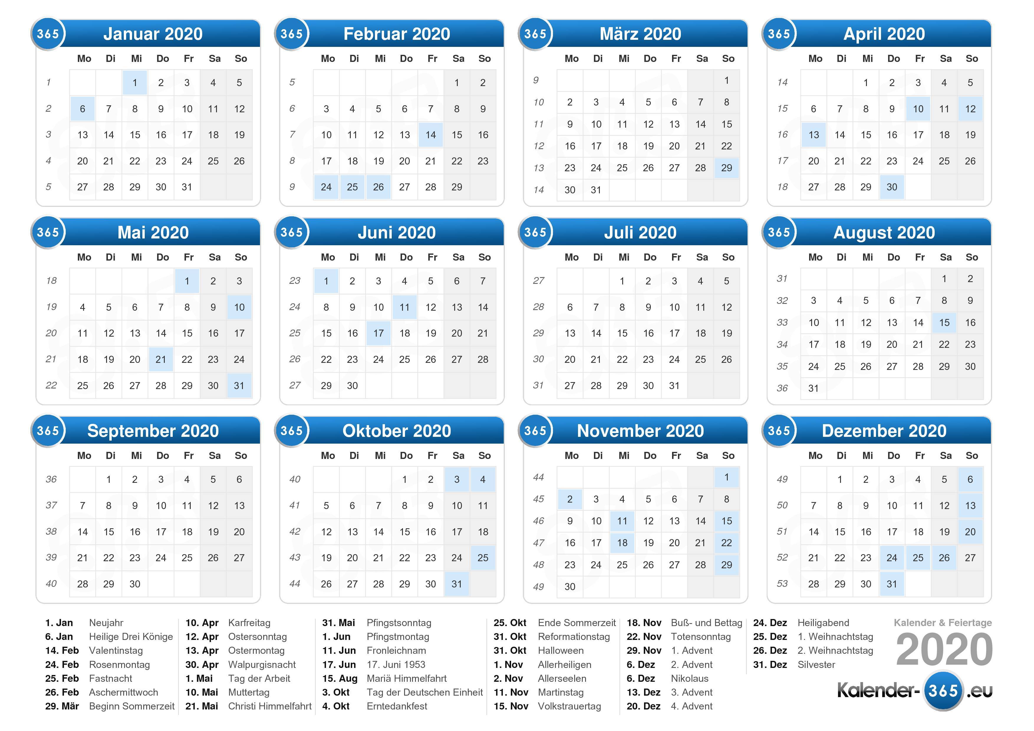 Kalender 2020 kalenderwochen