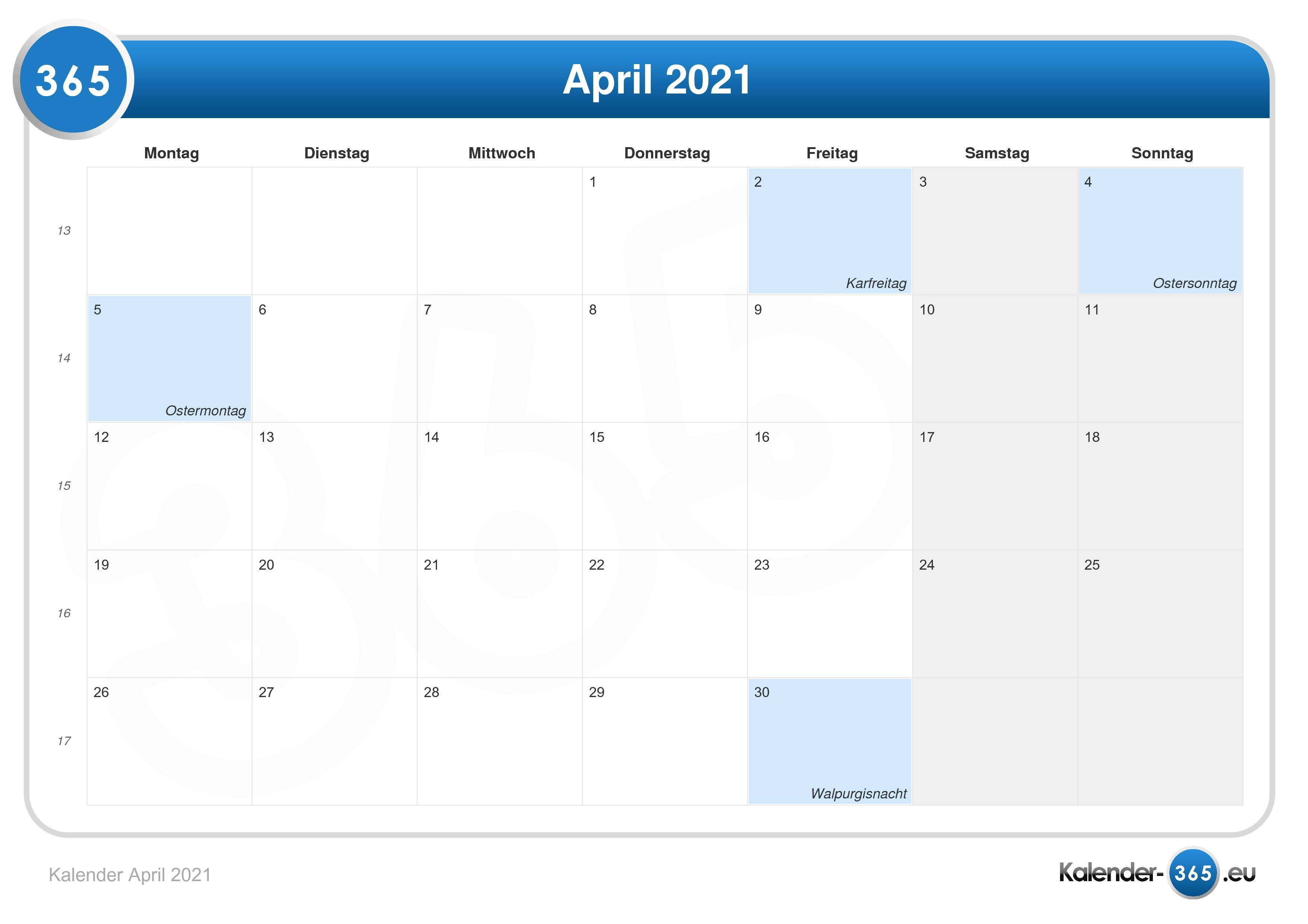 Kalender April 2021