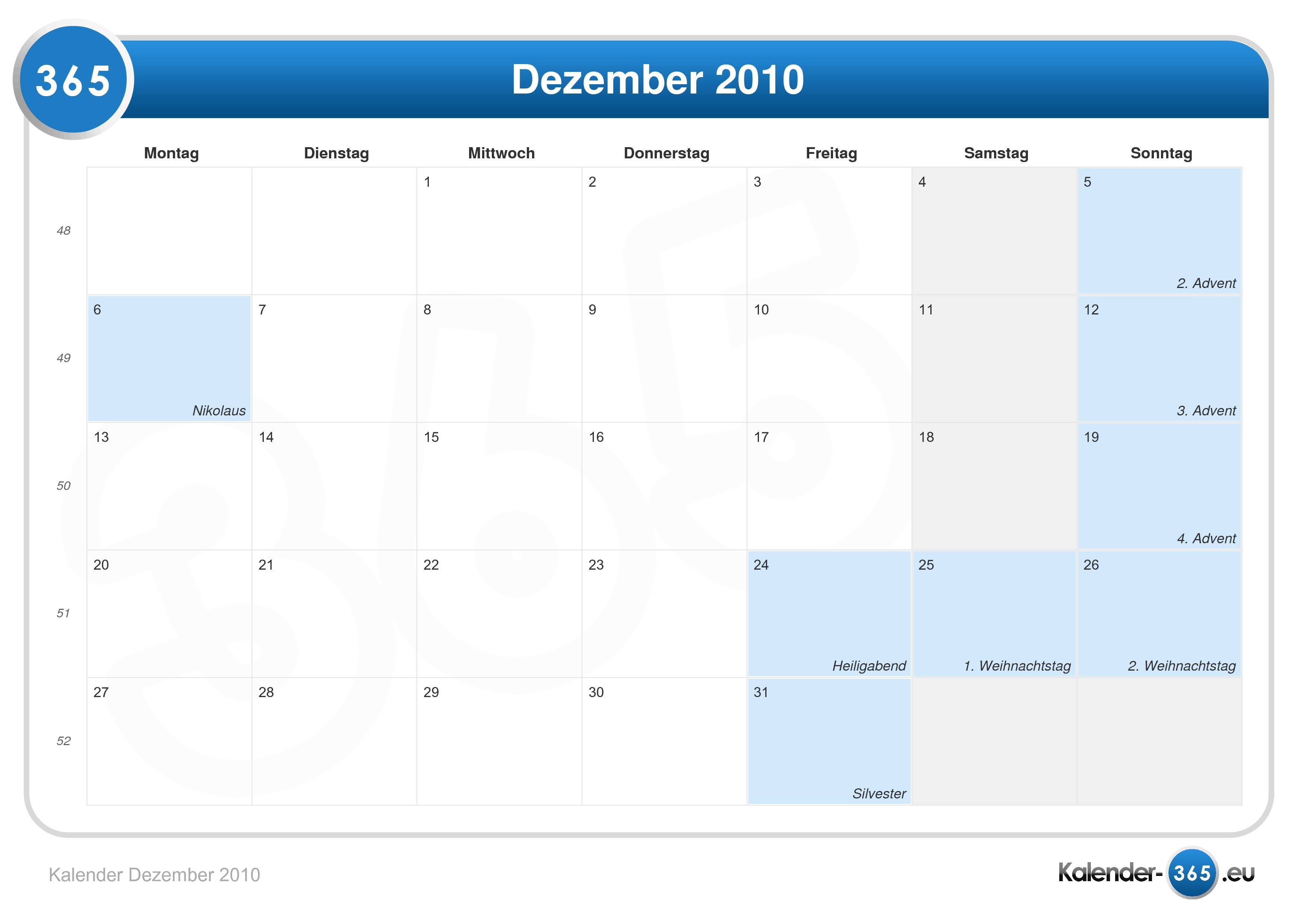 Kalender Dezember 2010