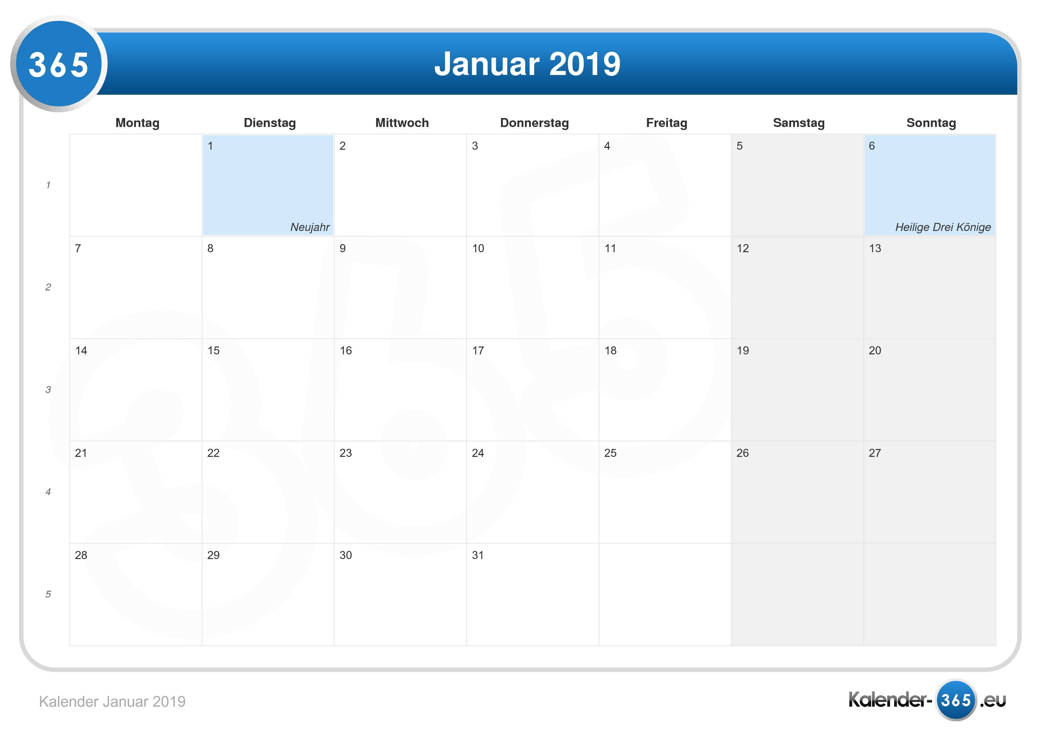 Kalender Januar 2019