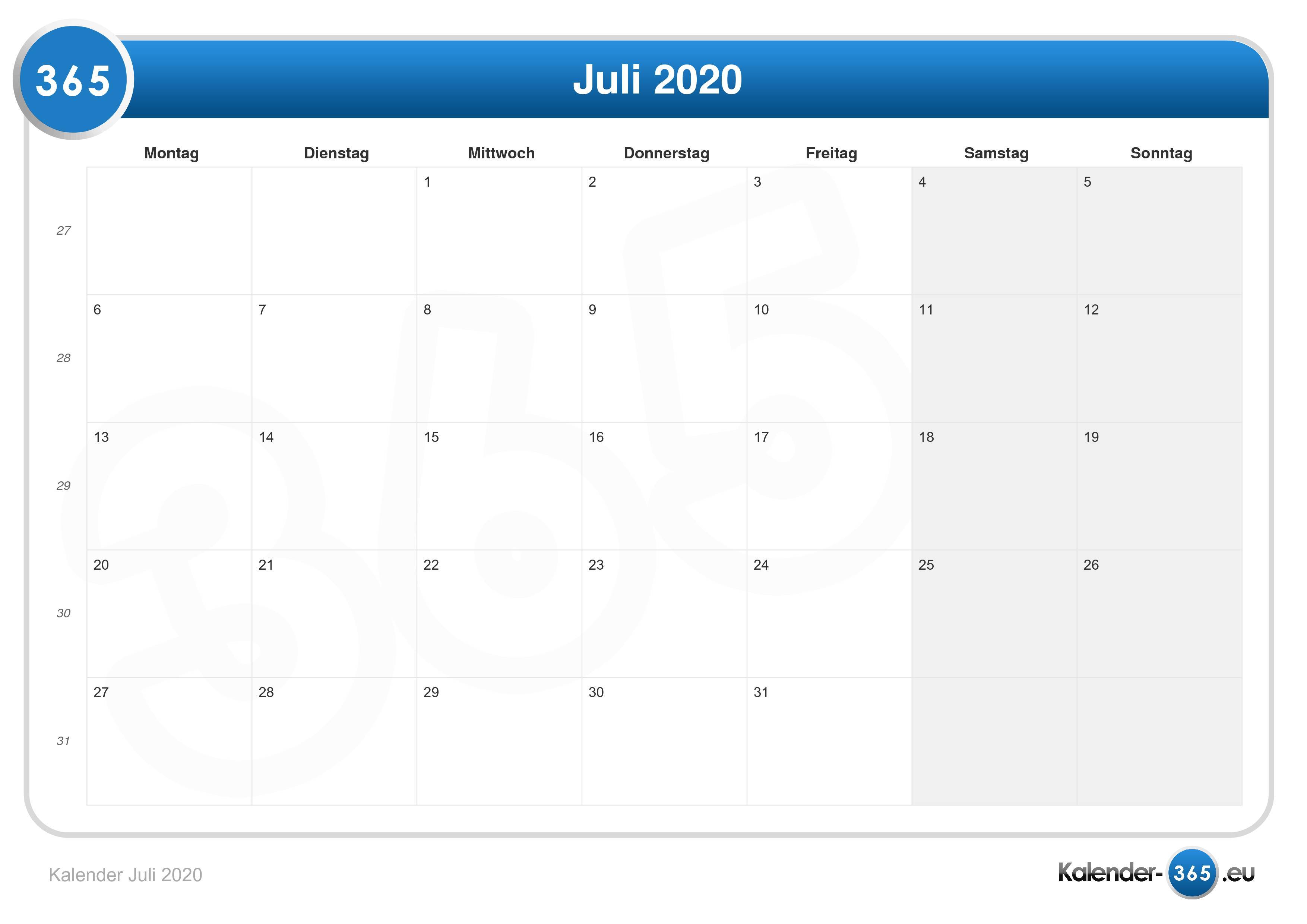 Kalender Juli 2020