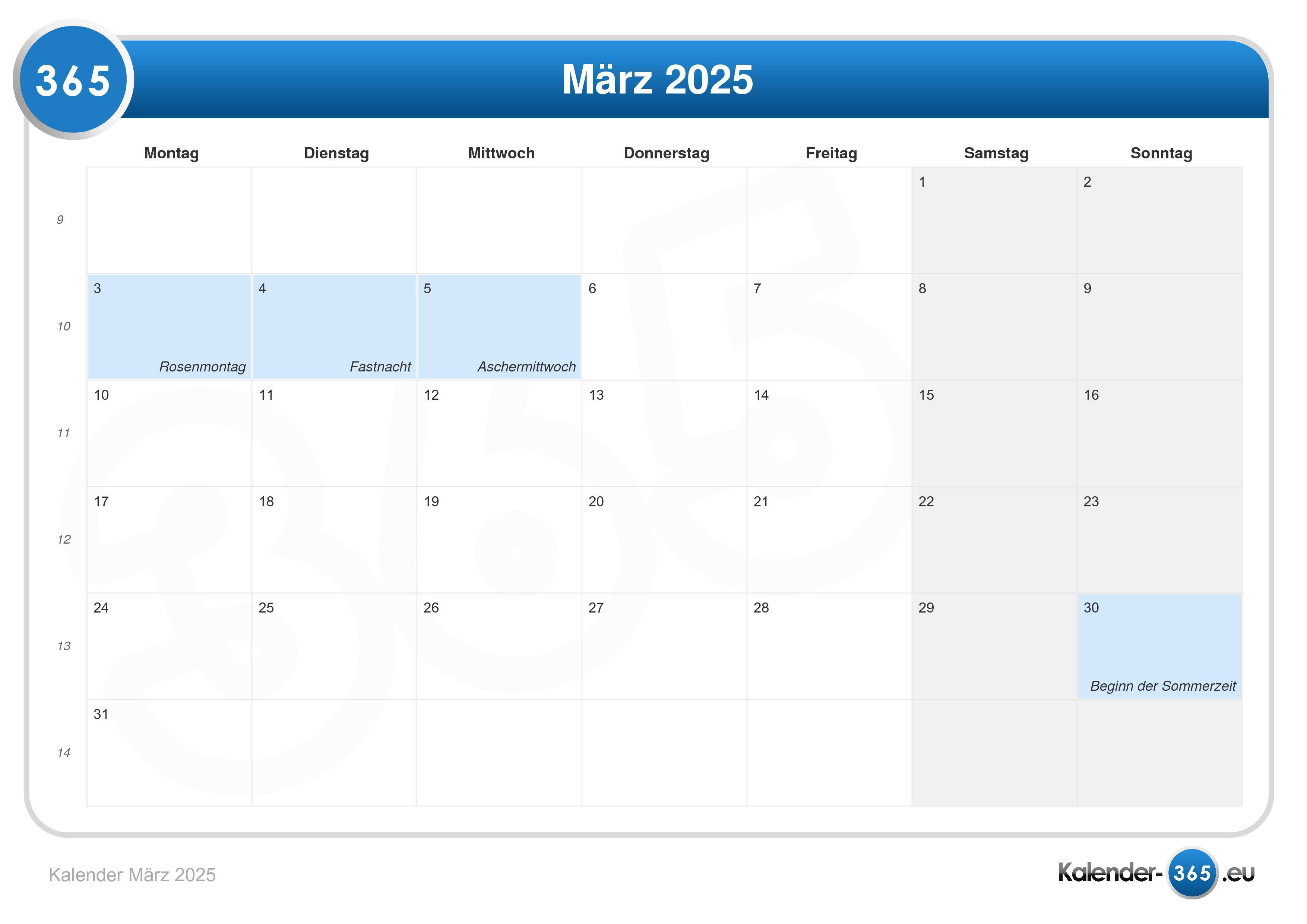 Kalender März 2025