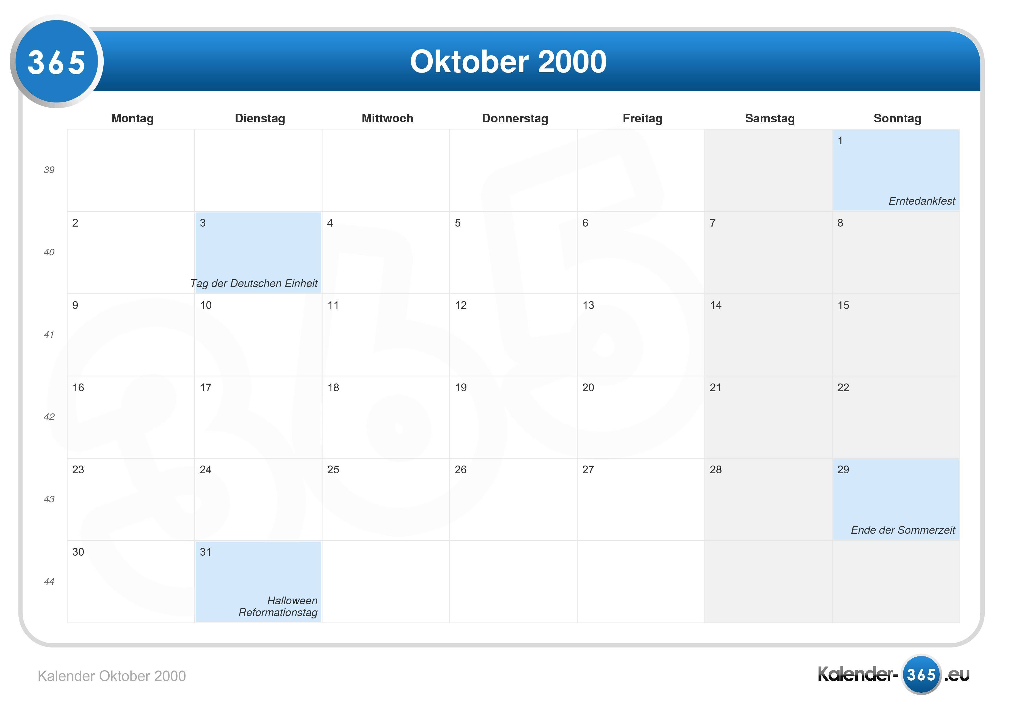  Kalender  Oktober 2000 
